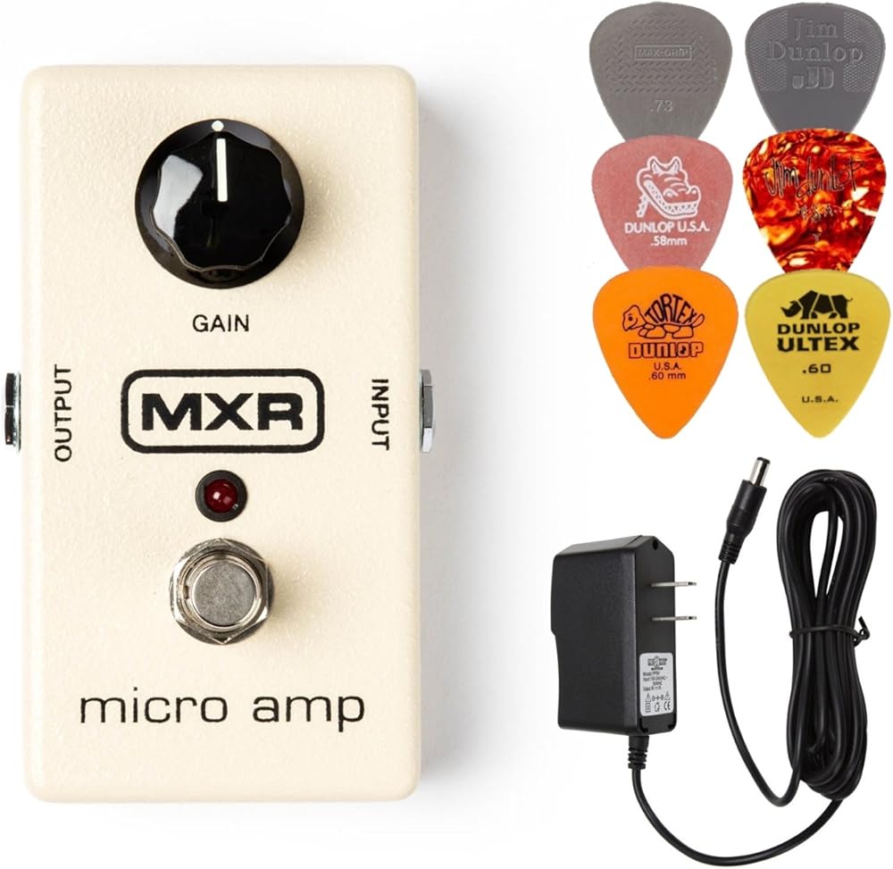 MXR M133 Micro Amp Booster Effects Pedal BUNDLE with AC/DC Adapter Power Supply for 9 Volt DC 1000mA and 6 Assorted Dunlop Guitar Picks �