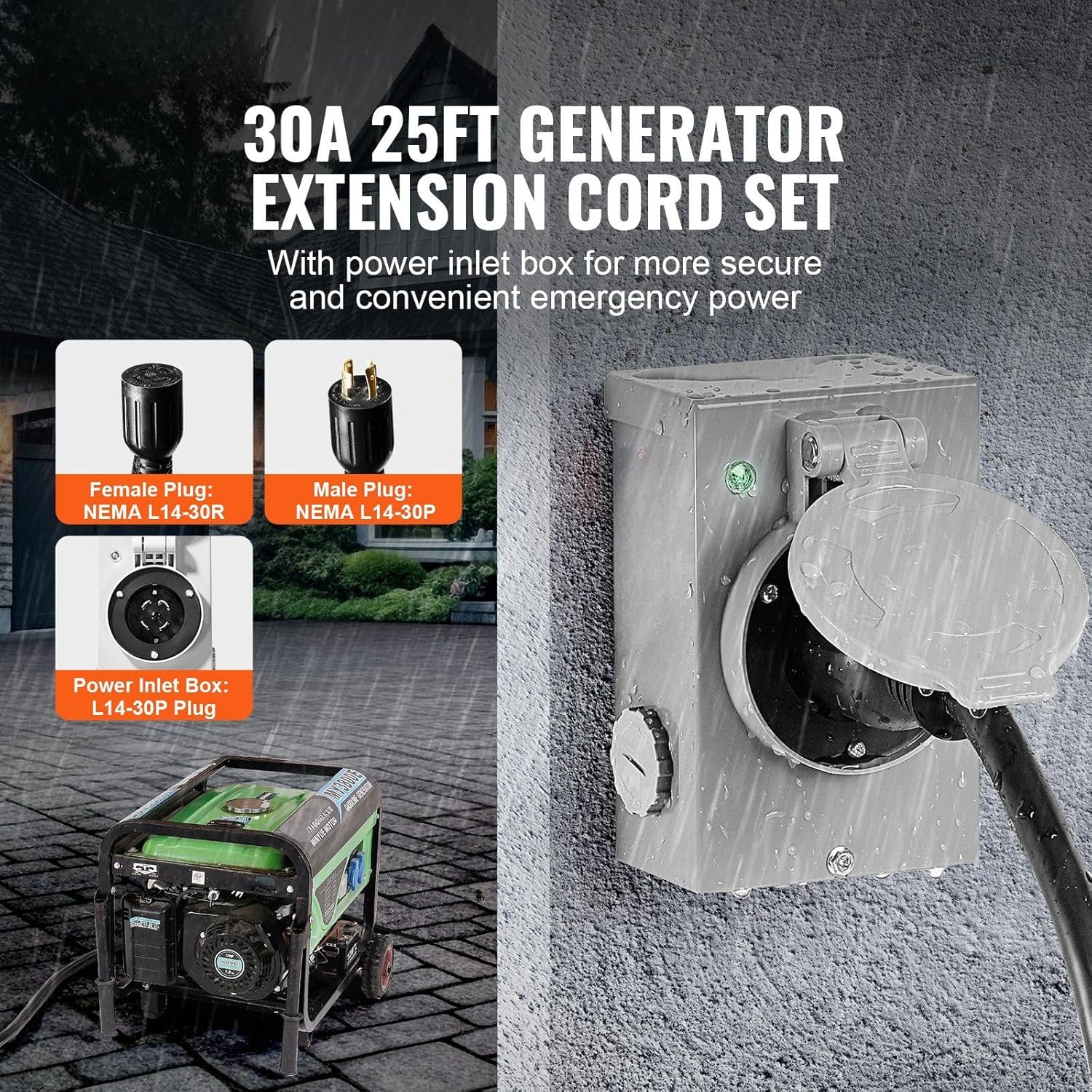 30 Amp Generator Cord and Power Inlet Box Kit,25 FT,NEMA L14-30P/L14-30R STW 10 AWG Generator Power Extension Cord with Twist Lock Connector,Pre-Drilled Inlet Box compatible with RV Outdoor,ETL Listed