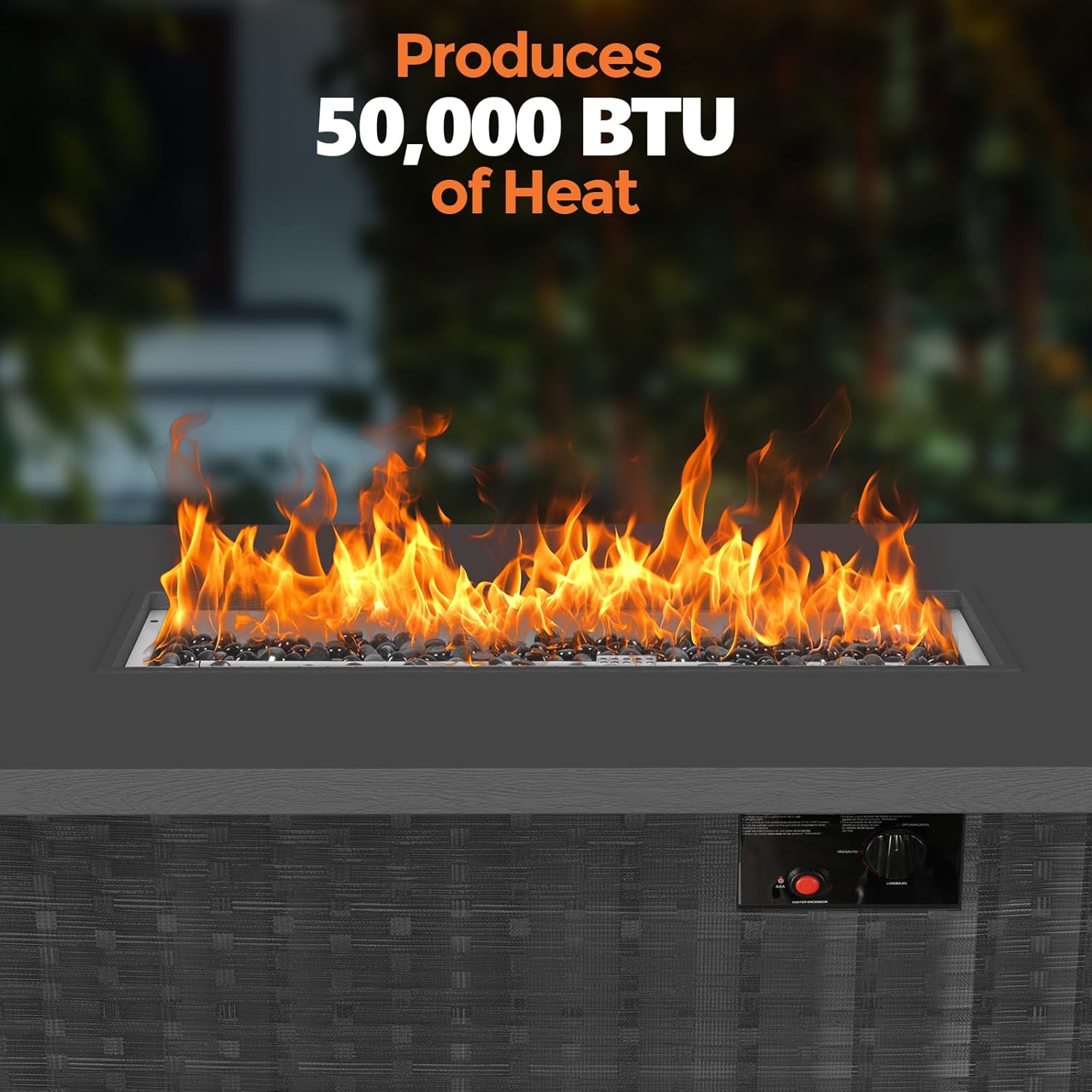 WAA 42 Inch Propane Fire Pit Table, 50,000 BTU CSA-Listed Steel Gas Fire Pit with Lid - Features Blue Crystal Stones & Metal Wood-Grain Board to Add Warmth and Ambience to Patio, Deck, Garden