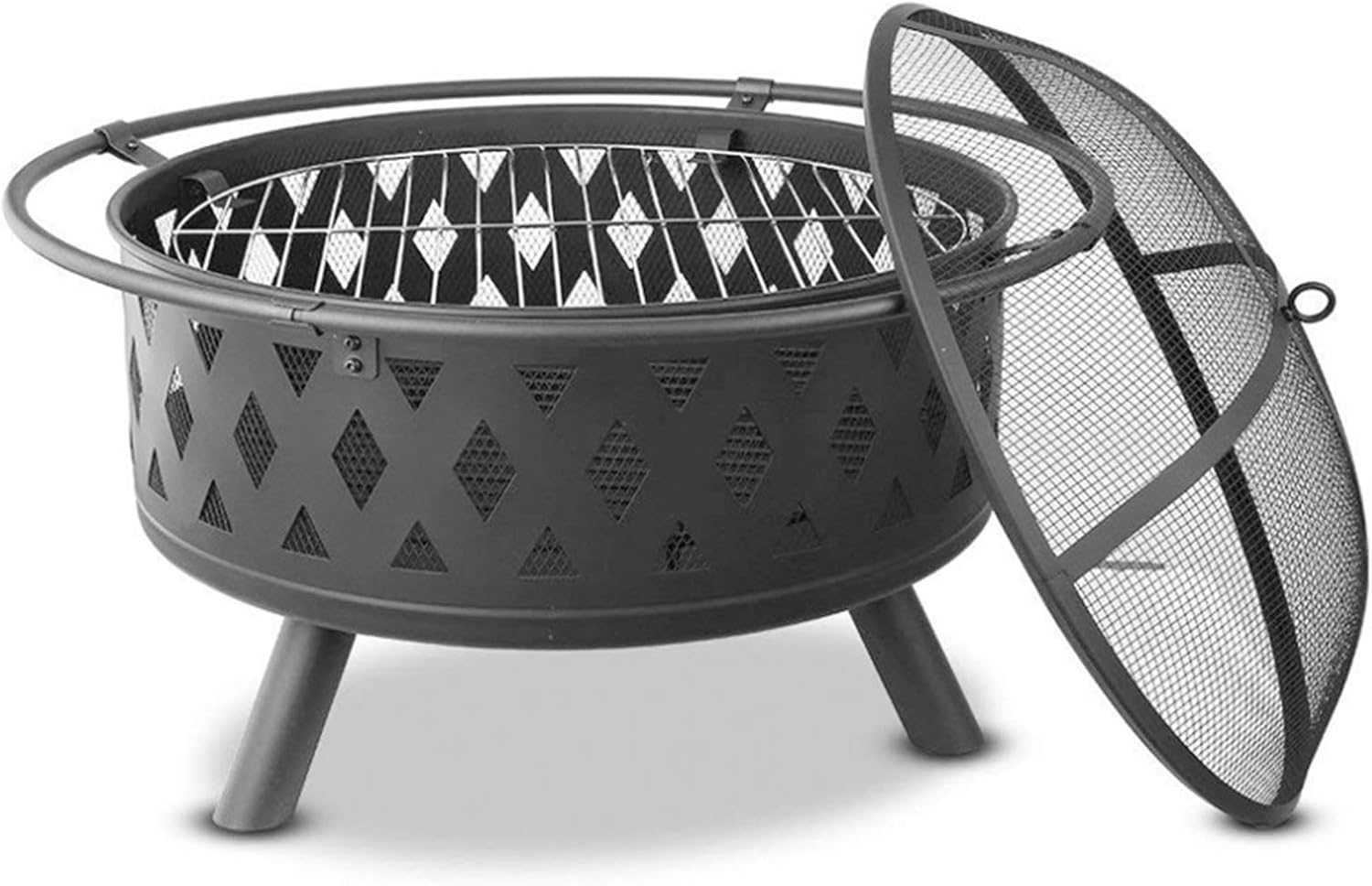 Outdoor Fire Pit Garden Grill Wood Burning Fire Pit,29 Inch Outdoor Backyard Patio Fireplace with Cooking Grill Grate,Poker and Spark Screen Mesh,Black Grill Barbecue Rack