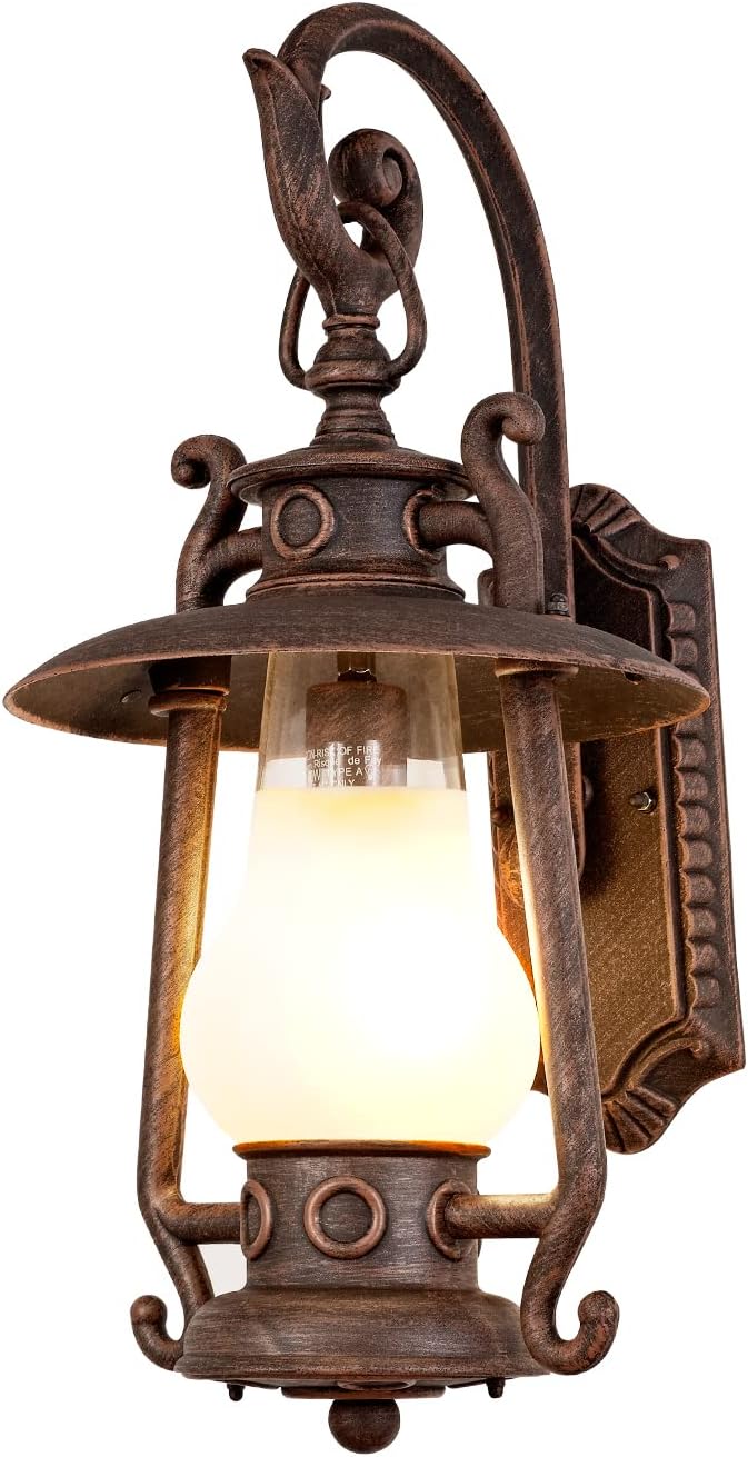GZBtech Large Rustic Lantern Wall Sconce Outdoor, Vintage Rust Color Exterior Sconce Light, 110V Waterproof Kerosene Wall Mounted Lighting Fixture with Frosted Shade for Porch Garage Room