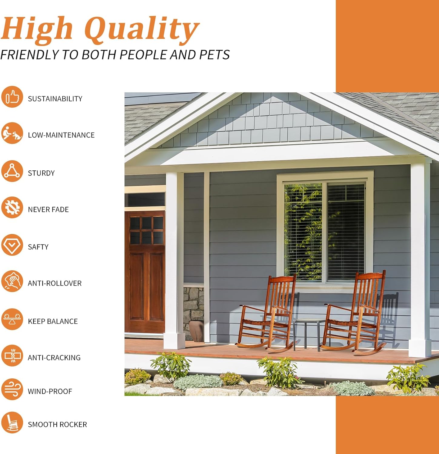 Outvita Outdoor Rocking Chair Set of 2, Solid Wood High Back Rocker, All Weather Lounge Chair for Porch Patio Fire Pit Garden Backyard Deck Indoor, Wave Shape, Natural