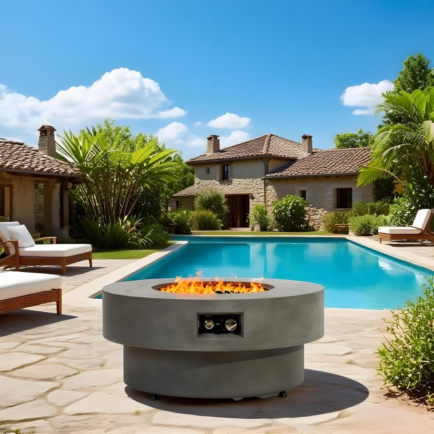 34-inch Round Propane Fire Pit Table, Cement Grey Outdoor Firepit Table with 50000BTU, Electronic Ignition, Burner Lid, Glass Rocks & Rain Cover, 33.46
