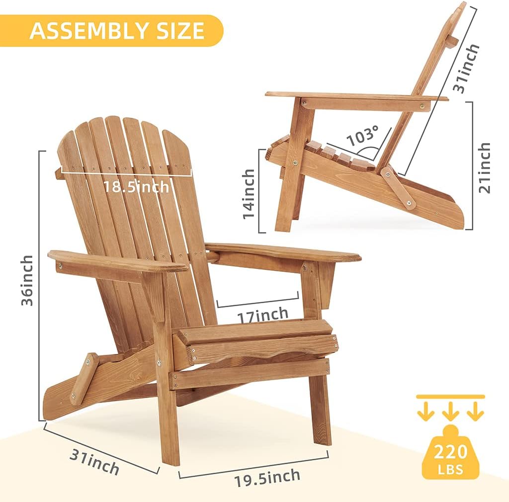 Folding Adirondack Chairs Set of 2, Outdoor Wooden Accent Furniture Fire Pit Lounge Chairs, Cedar All-Weather Lawn Chairs for Outdoor Porch Garden Backyard Deck, 350lb Weight Capacity,Natural