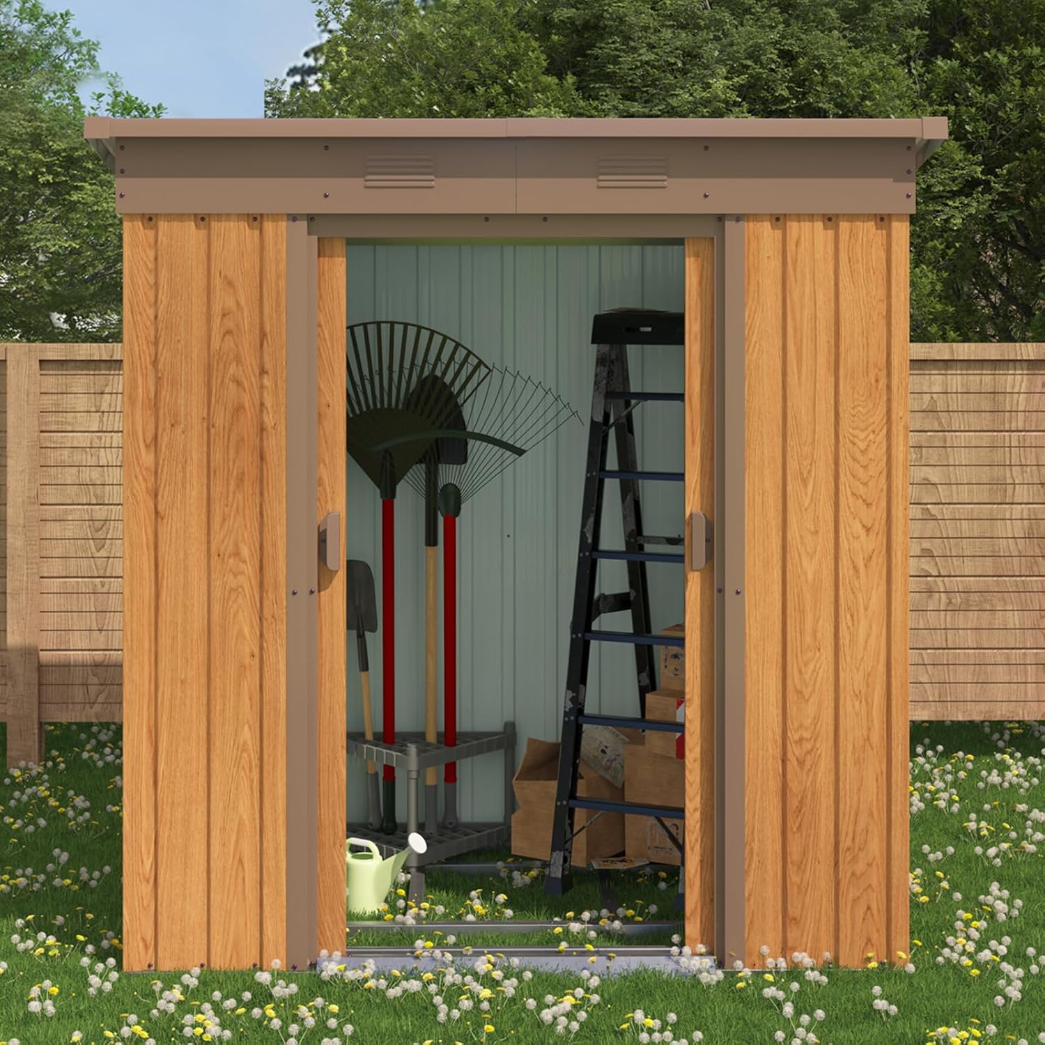 4' x 6' Outdoor Storage Shed, Garden Tool House with Foundation and Sloping Roof, Reinforced Galvanized Steel Ribs for Stronger Structure, 4 Vents and Sliding Doors for Backyard Patio Garage Lawn