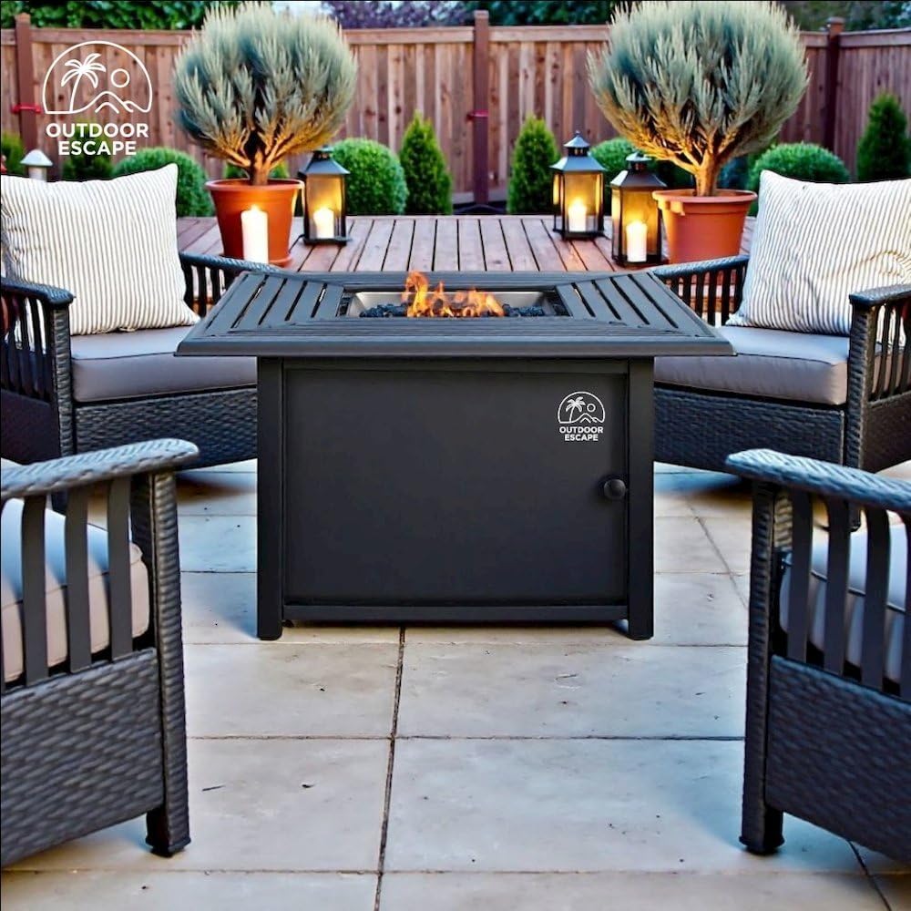 Black Fire Pit Table with Slatted Top and Covers – Propane Backyard Fireplace with Glass Beads and Tank Storage for Patio Furniture Use