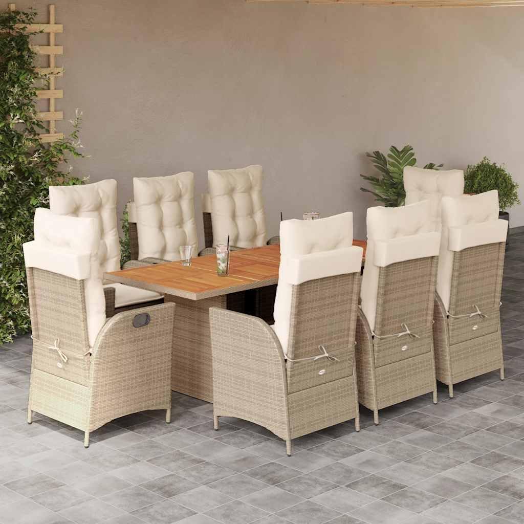 9 Piece Patio Dining Set with Cushions Beige Poly Rattan Garden Furniture