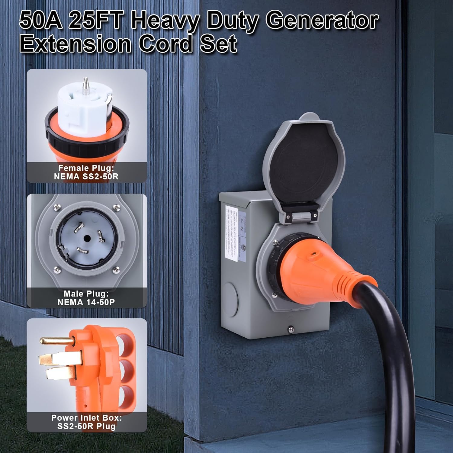 50A Generator Cord and Power Inlet Box,25FT Generator Extension Cord NEMA 14-50P/SS2-50R STW 6/3+8/1 AWG with Twist Lock Connector,Pre-Drilled Inlet Box for Generator to House,125/250V ETL Listed