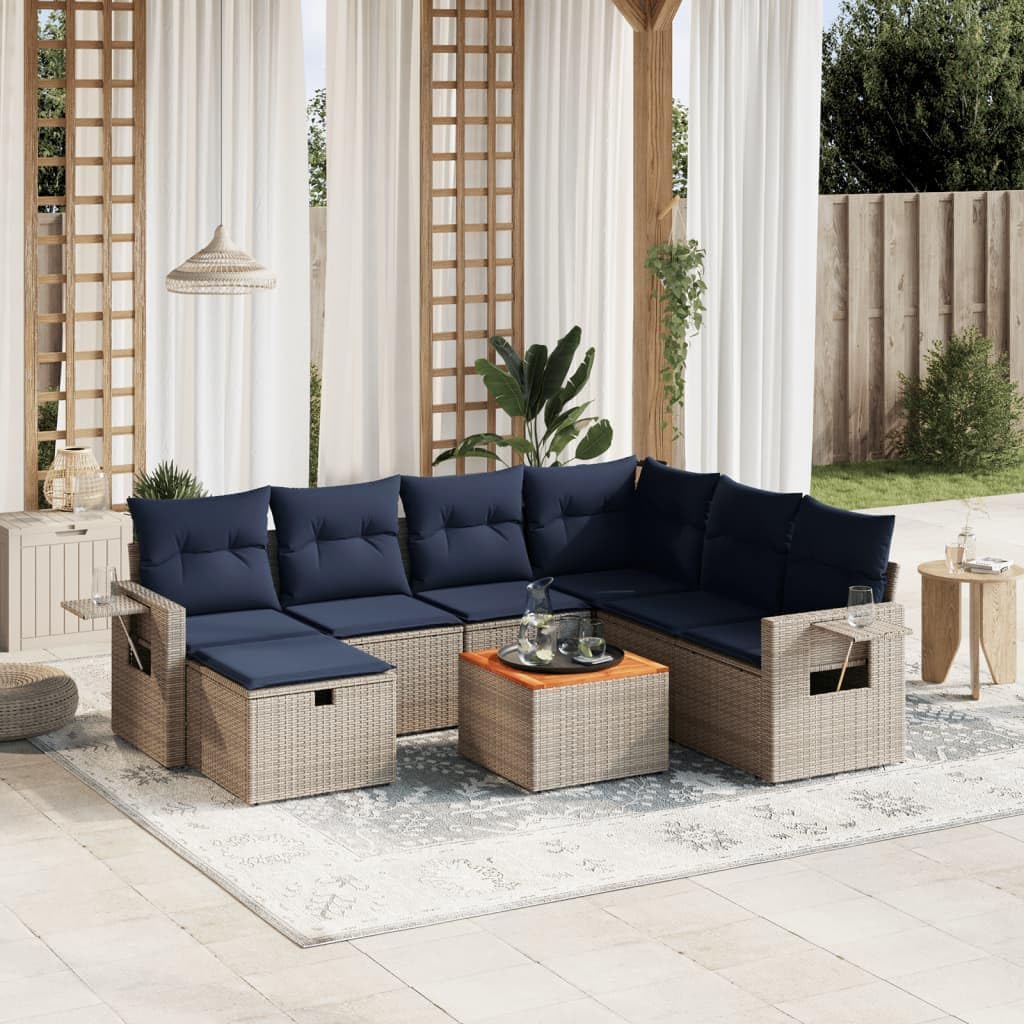 8 Piece Patio Sofa Set, Gray Poly Rattan Outdoor Furniture with Cushions, Acacia Wood Table, Modular Design for Backyard, Terrace, UV-Proof