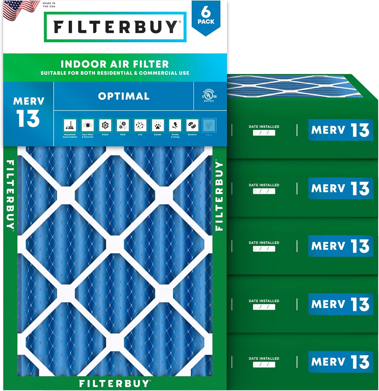 Filterbuy 12x30x4 Air Filter MERV 13 Optimal Smoke & Allergy Defense (6-Pack), Electrostatic Pleated HVAC AC Furnace Filters Replacement, Made in USA (Actual Size: 11.50 x 29.50 x 3.63)