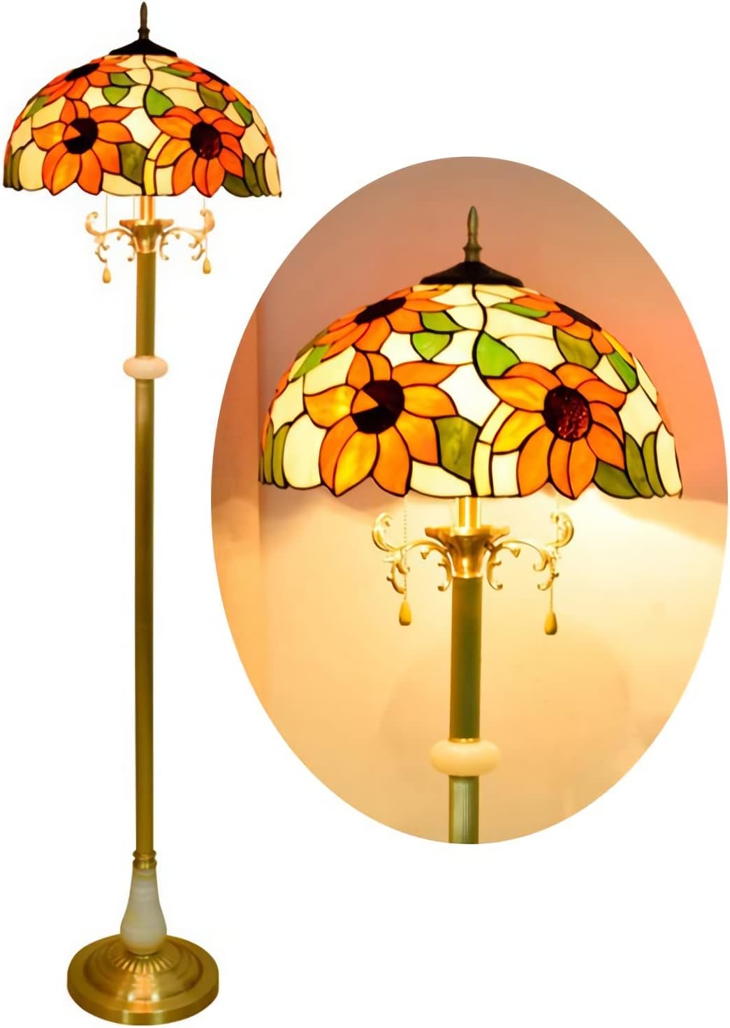 16 Inch Tiffany-Style Floor Lamp, Sun Flower Stained Glass Readlight, Vintage All Copper Base Standlamp for Bedroom Office