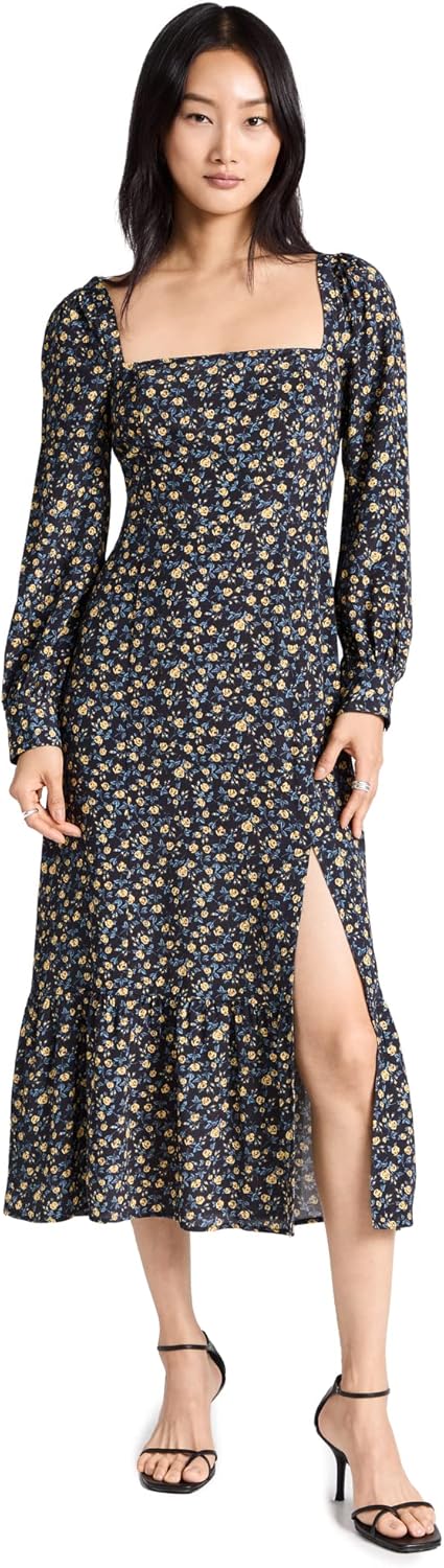 PAIGE Women's Bacari Long Sleeve Midid Dress with Smocking in The Back in Black Multi