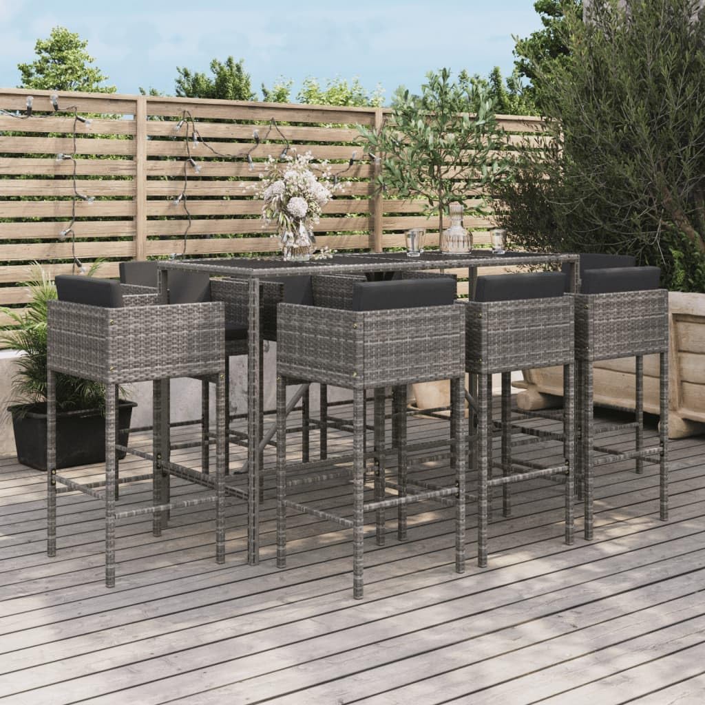 9 Piece Patio Bar Set with Cushions Gray Poly Rattan,Elegant Garden Pub Set with WeatherResistant Rattan and Tempered Glass Furniture Sets for Patio, Lawn & Garden