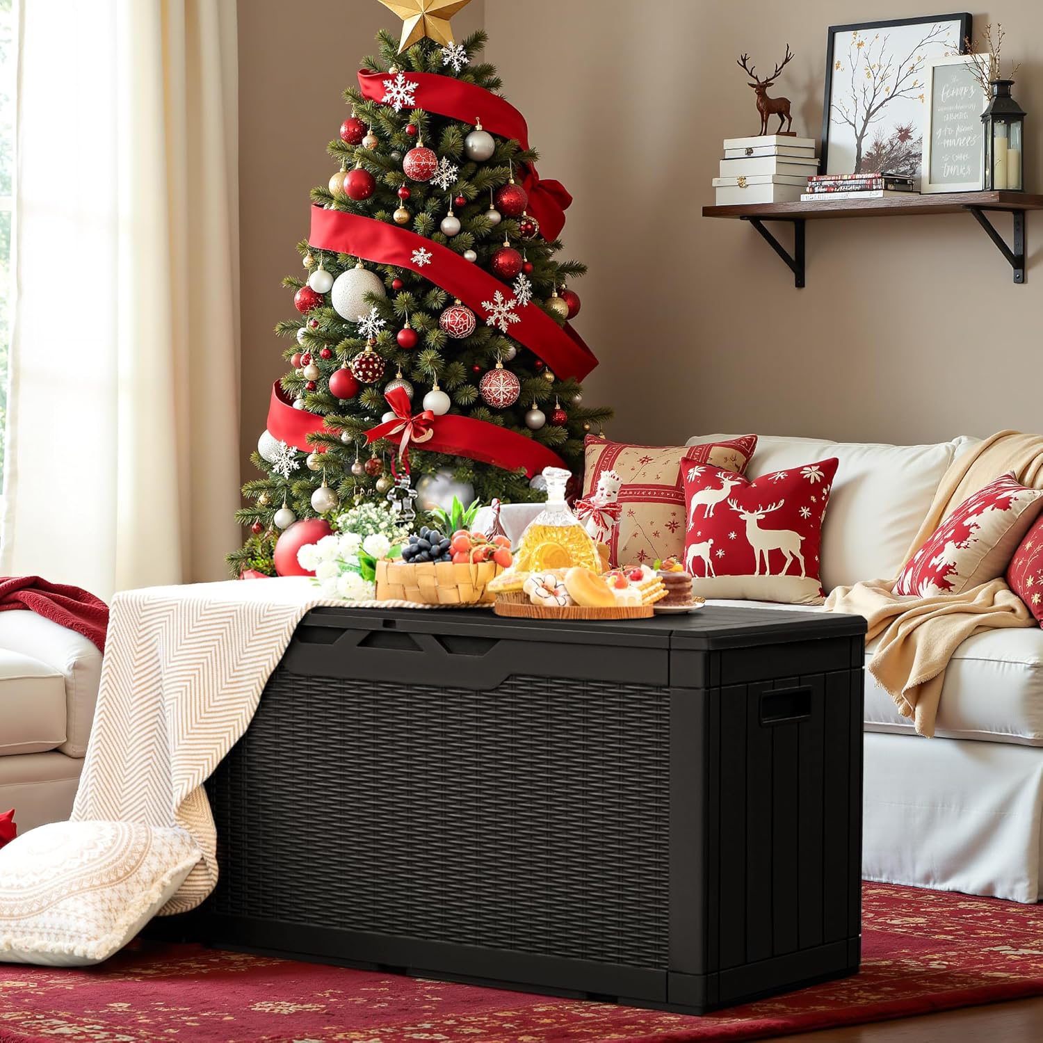 GUNJI 100 Gallon Resin Deck Box,Outdoor Large Storage Box,Weatherproof and UV Resistant,Lockable Storage Container for Patio Furniture,Garden Tools,Pool Supplies (Black)