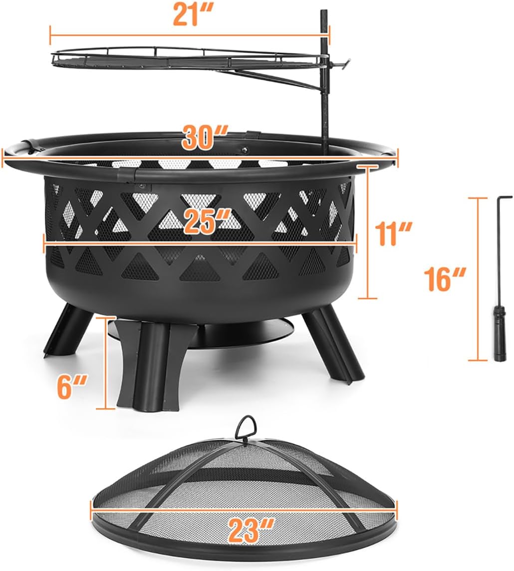 30 Inch Fire Pits for Outside with Grill Wood Burning Firepit Large Steel Firepit Bowl for Patio Backyard Garden Camping with Swivel BBQ Grill, Ash Plate,Spark Screen, Poker