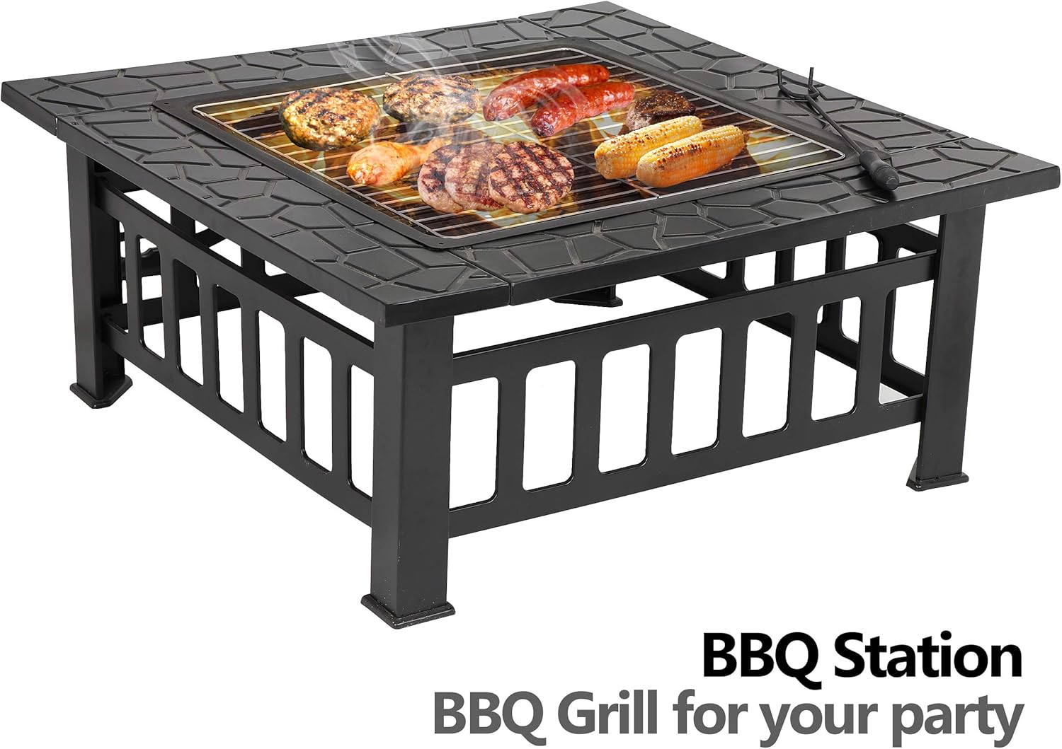 ZenStyle 32” Heavy Duty Square Fire Pit Outdoor Metal Firepit Wood Burning Fireplace w/Waterproof Dust Cover Patio Backyard Garden Stove Faux-Stone Finish