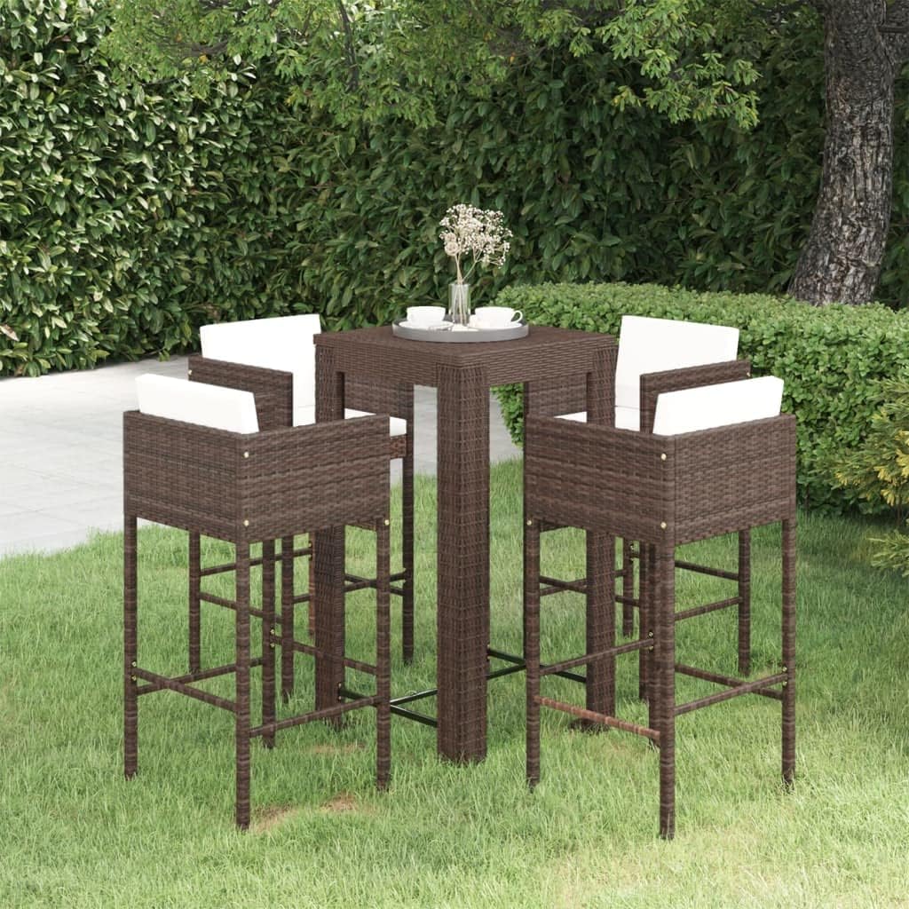 5 Piece Patio Bar Set with Cushions Poly Rattan Brown,Sturdy Patio Bar Set for Outdoor Leisure and Comfort in Brown and Cream White Patio Furniture Sets, Outdoor Furniture Sets