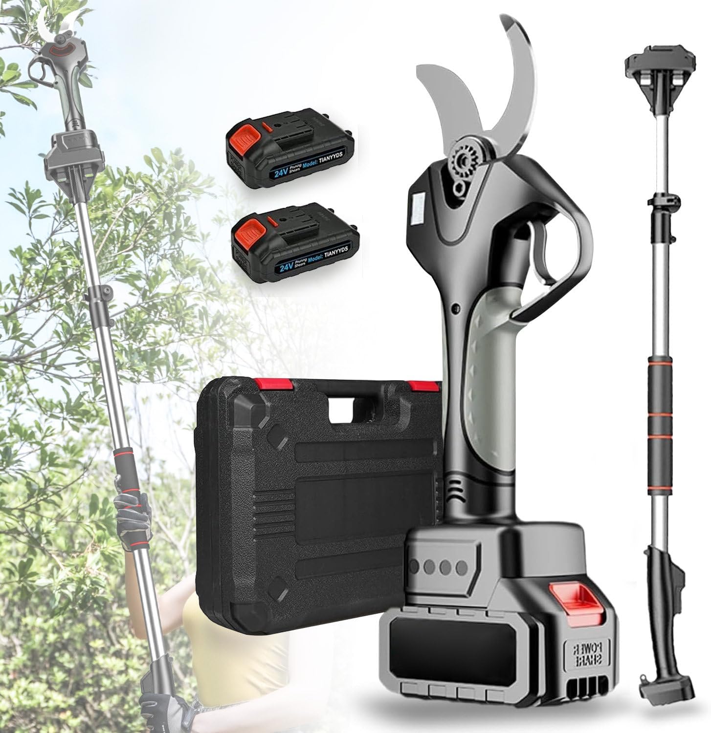 Electric Pruning Shears, 50mm Garden Secateurs, 2.1M Telescopic Pruner, 2×4.5Ah Battery, 10-12 Hours Working, Branch Scissors for Hedge Bush Orchard