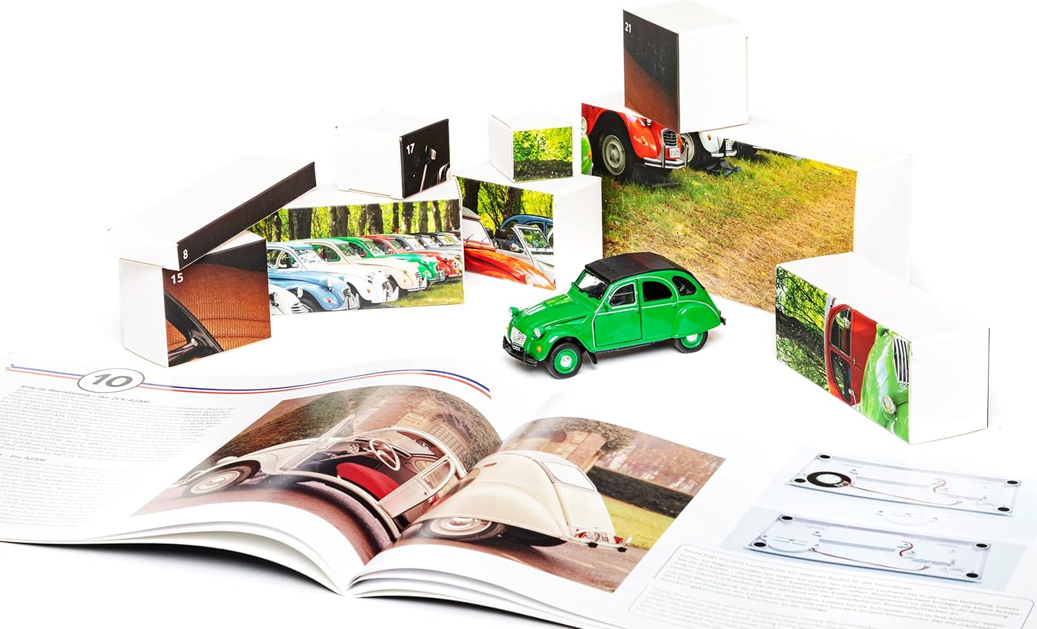 FRANZIS 55154 Citroen 2CV Advent Calendar Green Metal Model Kit in Scale 1:32 Includes Sound Module and 50 Page Accompaniment Book