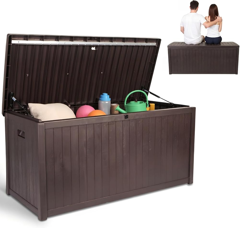 114 Gallon Large Outdoor Storage Box, Lockable Outside Storage Box Container Resistantive-Resistantive for Furniture Outdoor Cushions Garden Tools, Doubles as 2-Person Bench Seat, Brown