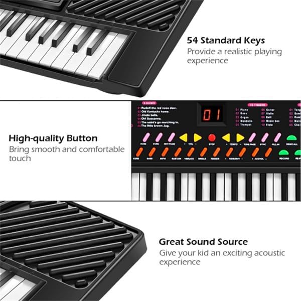 54-Key Electronic Keyboard for Kids, 10 Timbres/10 Tempos, Record/Playback, Microphone & Headphone Jack, 6 Demo Songs, LED Display, Dual Power Supply (Black)