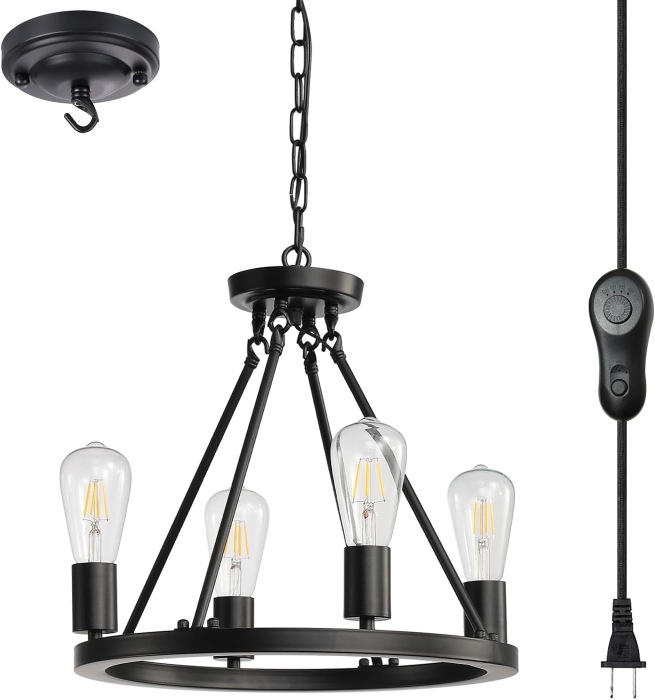 4-Light Plug in Chandelier with Dimming and Timer Switch,Black Wagon Wheel Round Metal Chandelier,Hanging Light with 16.5ft Cord,Modern Industrial outdoor light fixture for gazebo,Bedroom,Dining Room