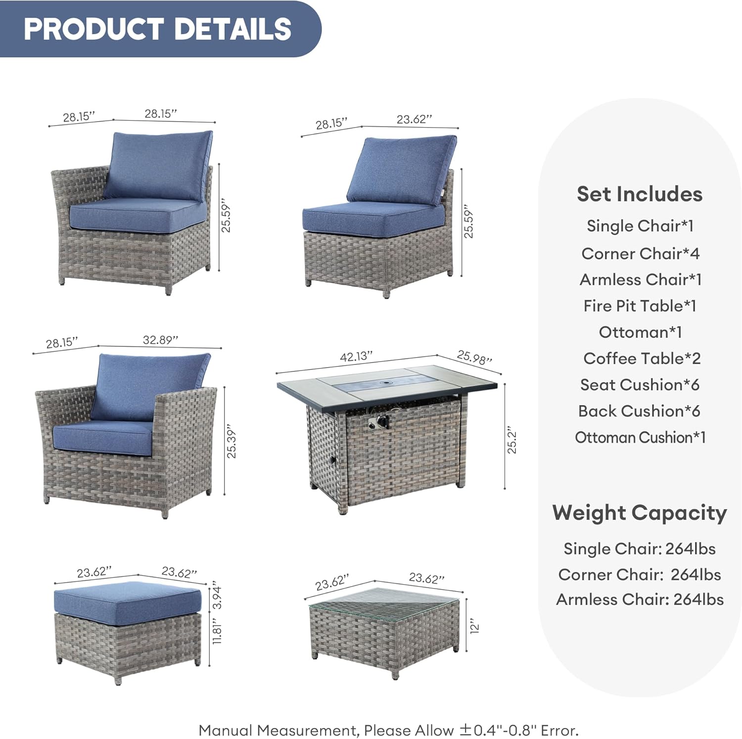 Patio Conversation Set, 10-Pieces Outdoor Sectional Sofa with 42 Inch Fire Pit Table, Rattan Sectional Sofa Set for Backyard (Denim Blue)