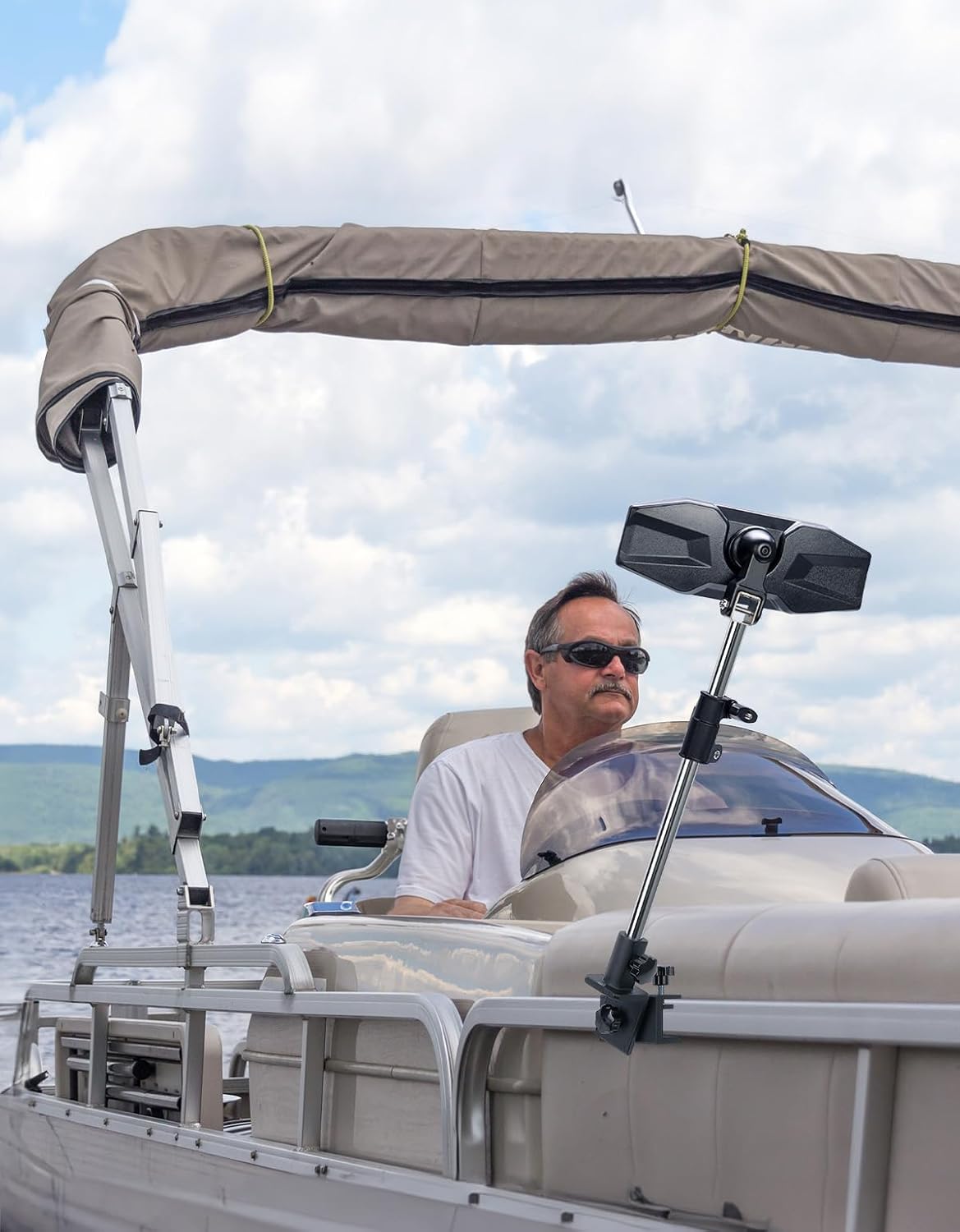 KEMIMOTO Pontoon Boat Mirror Rear View with Telescoping Pole, 10.5“ x 4” Extra Large 360° Adjustable Marine Mirror for Pontoon Rail or Bimini Top, Ski Boats Water Skiing, Pontoon Boat Accessories