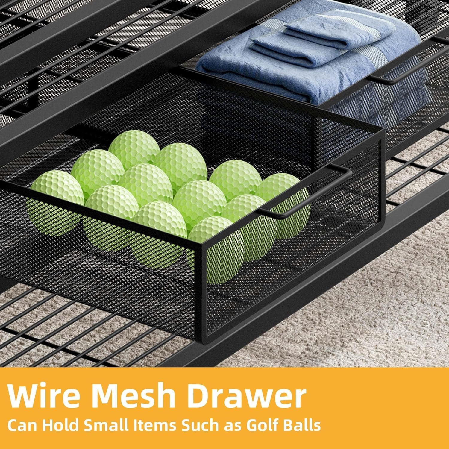 DWVO Golf Bag Organizer for Garage, Golf Storage Organizer w/Wheels for Garage Club and Shed, Golf Bag Storage Rack w/Drawer for Golf Bags, Clubs, Balls and Other Equipment Accessories