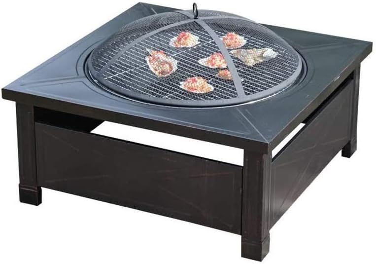 Outdoor Fire Pit Metal Square Firepit Patio Stove Wood Burning BBQ Grill Fire Pit Bowl with Spark Screen Cover, Log Grate, Poker for Backyard Garden Camping Picnic Bonfire