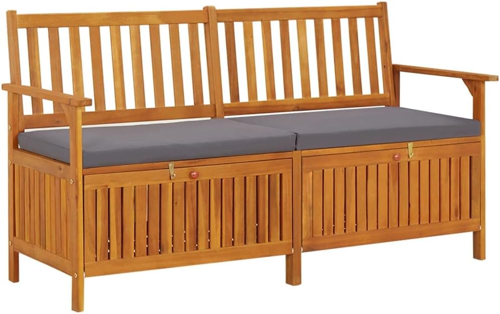 Patio Storage Bench with Gray Cushion, Outdoor Wooden Deck Box, Solid Wood Patio Furniture for Outdoor Cushions, Pool Storage and Garden Tools, 58.3