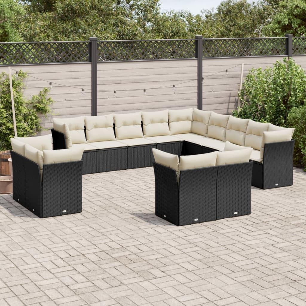 13 Piece Garden Sofa Set with Cushions, Black Outdoor Furniture Set with Modular Design and Storage Compartments, Durable PE Rattan and Steel Construction for Patio,