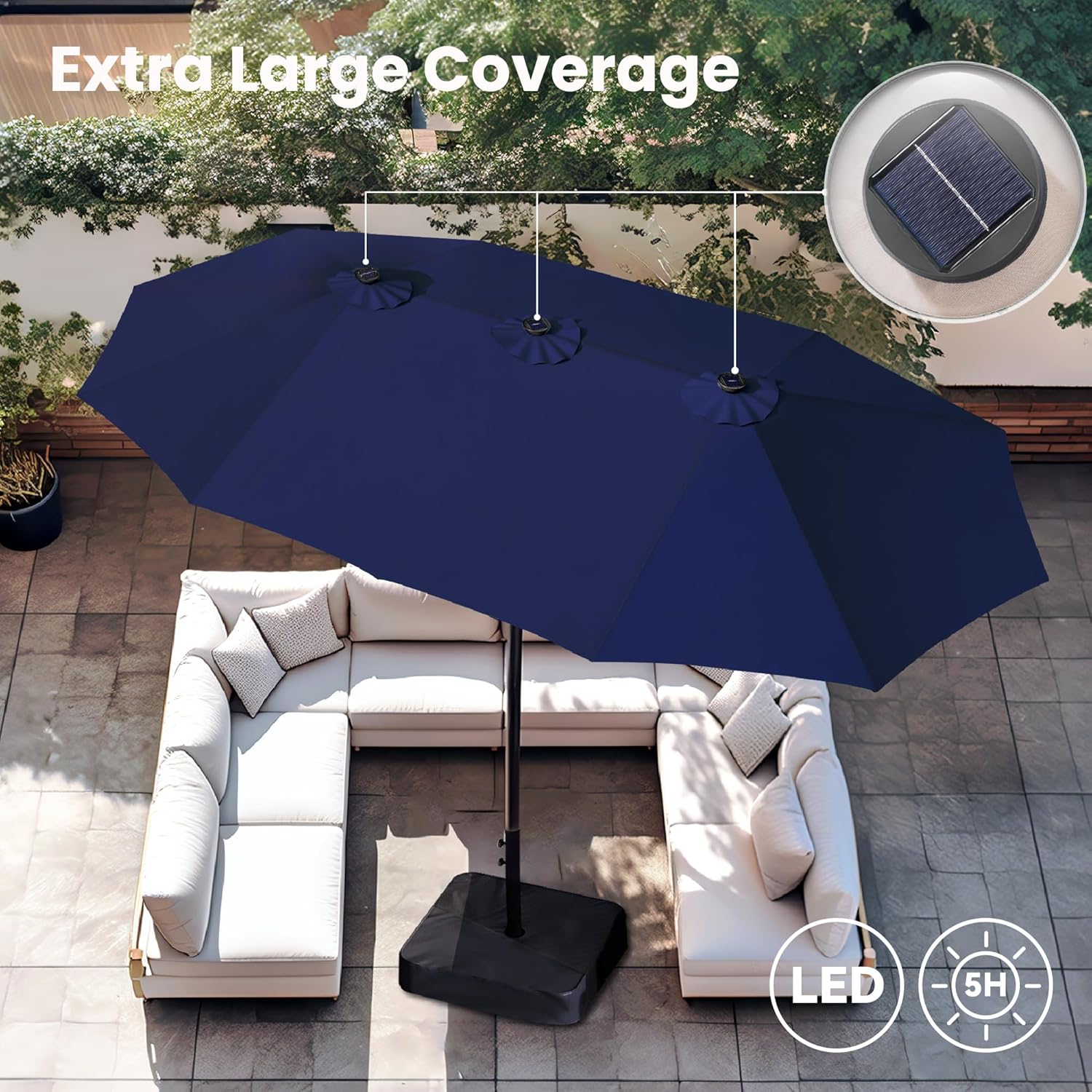 PHI VILLA 15ft Large Patio Umbrella with Solar Lights, Double-Sided Outdoor Market Rectangle Umbrellas with 36 LED Lights, Umbrella Base (Stand) Included, Navy Blue