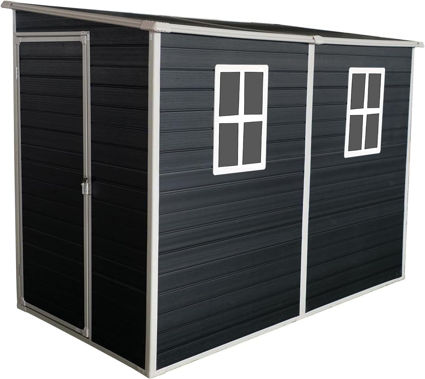 Resin Outdoor Storage Shed with Floor (8 x 4 Ft),All Weather Outdoor Tool House,Windows,Lockable Doors,Organization for Home/Backyard/Garden Tools/Lawn Mower/Bike Storage/Pool Supplies