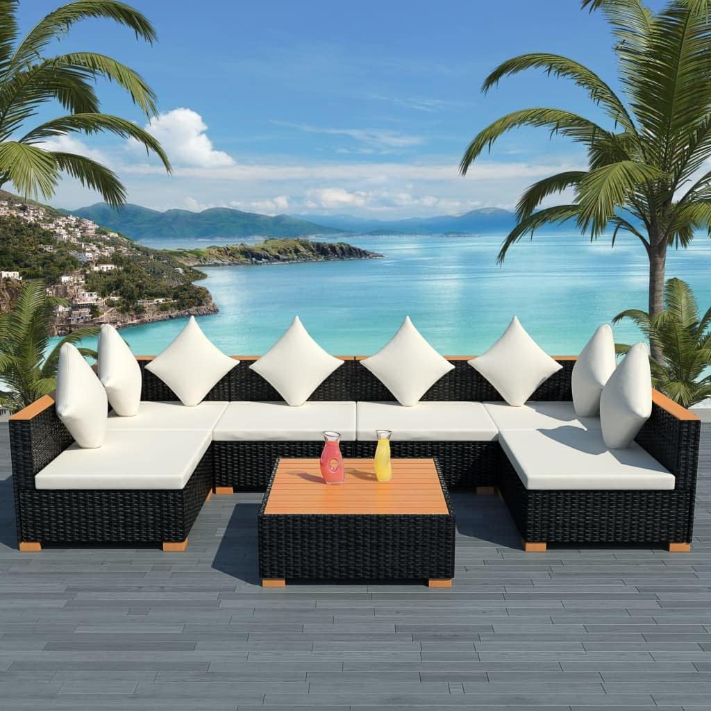 7 Piece Patio Lounge Set with Cushions Poly Rattan Black,Charming Rattan Sofa Set: Comfort and Style for Outdoor Spaces Patio Furniture Sets, Outdoor Furniture Sets