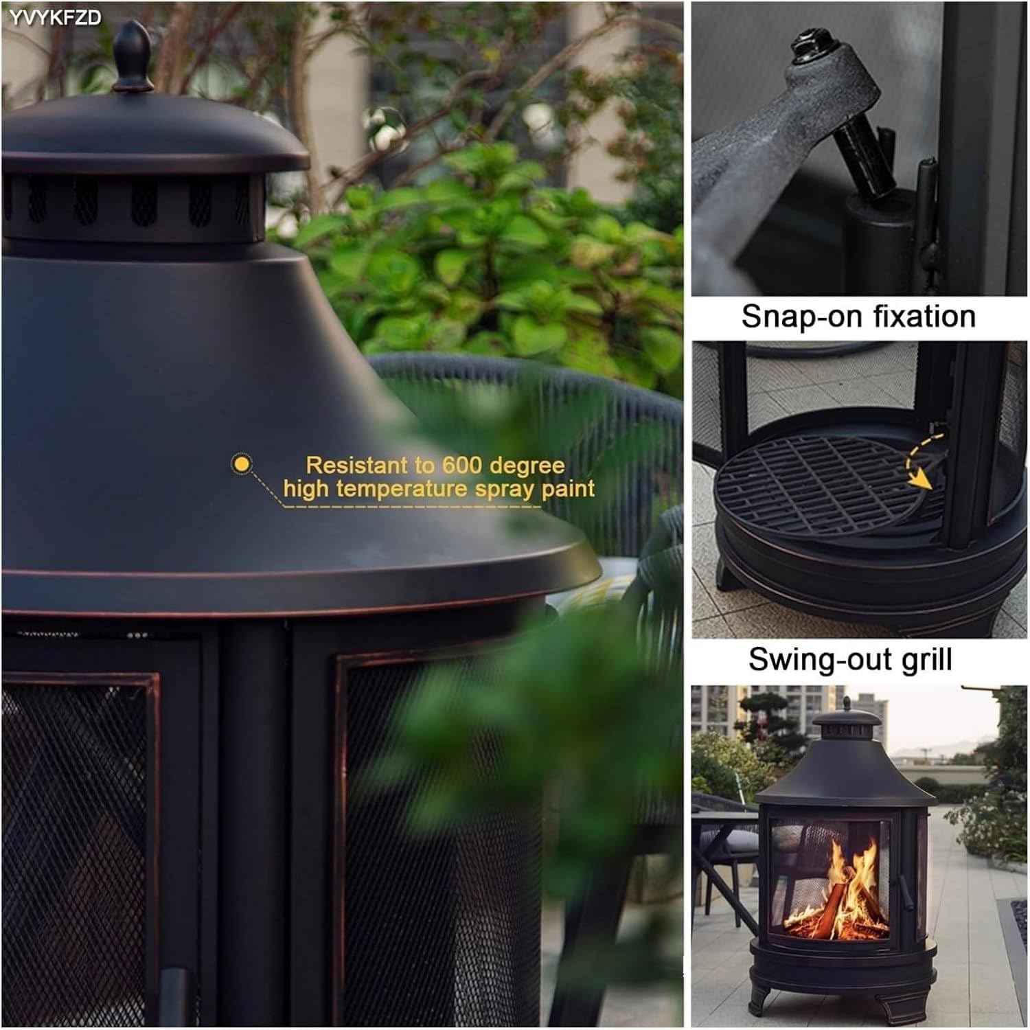 2-in-1 Outdoor Fire Pit with Grill, Black, Round, Metal, Wood