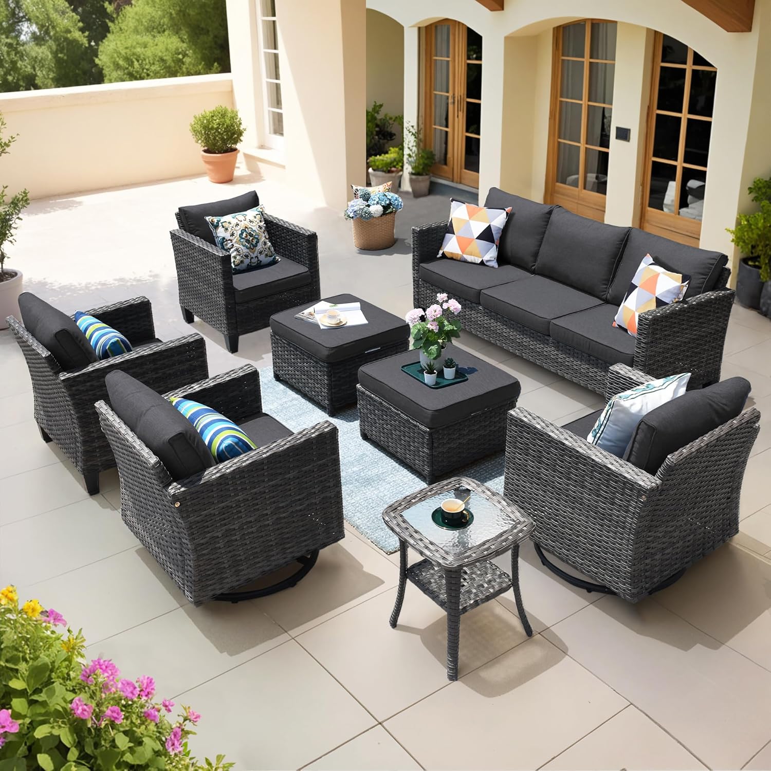 ovios 8 Pieces Patio Furniture Set, Outdoor Wicker Sofa Couch with Swivel Chairs, Rocking Glider Rocker with Comfy Cushions All Weather Rattan Conversation Set, Black