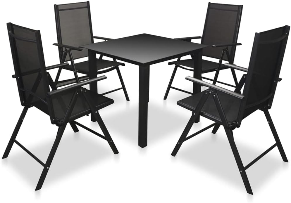 5-Piece Garden Dining Set, Black Powder-Coated Aluminum Textilene, Square Outdoor Table and 4 Folding Chairs, Patio Furniture Set for Balcony