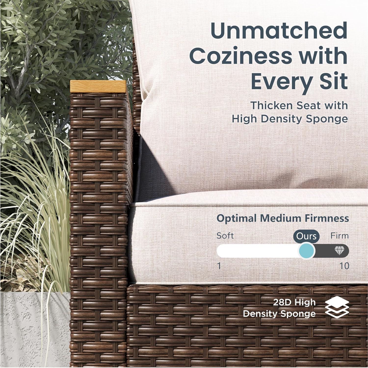 PHI VILLA 9-Seat Outdoor Wicker Furniture Set with 4-inch Thick Cushions, High Back Wicker Sofa with Gas Fire Pit Table for Cozy Patio Conversations in Elegant Beige (3 Seat Sofa)