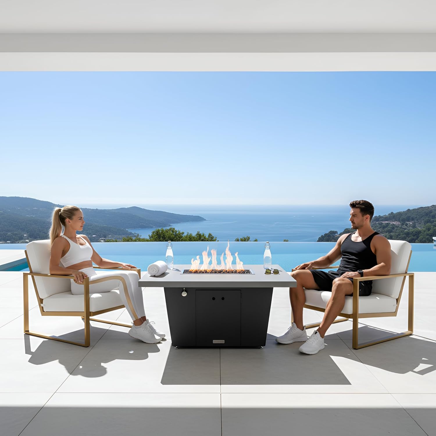 COOKE Palisades Rectangular Fire Pit Table - 52x36 - Chat Height - Natural Gas - Hilltop Grey Powdercoat Top with 3cm Edge - Grey Texture Powdercoat Base