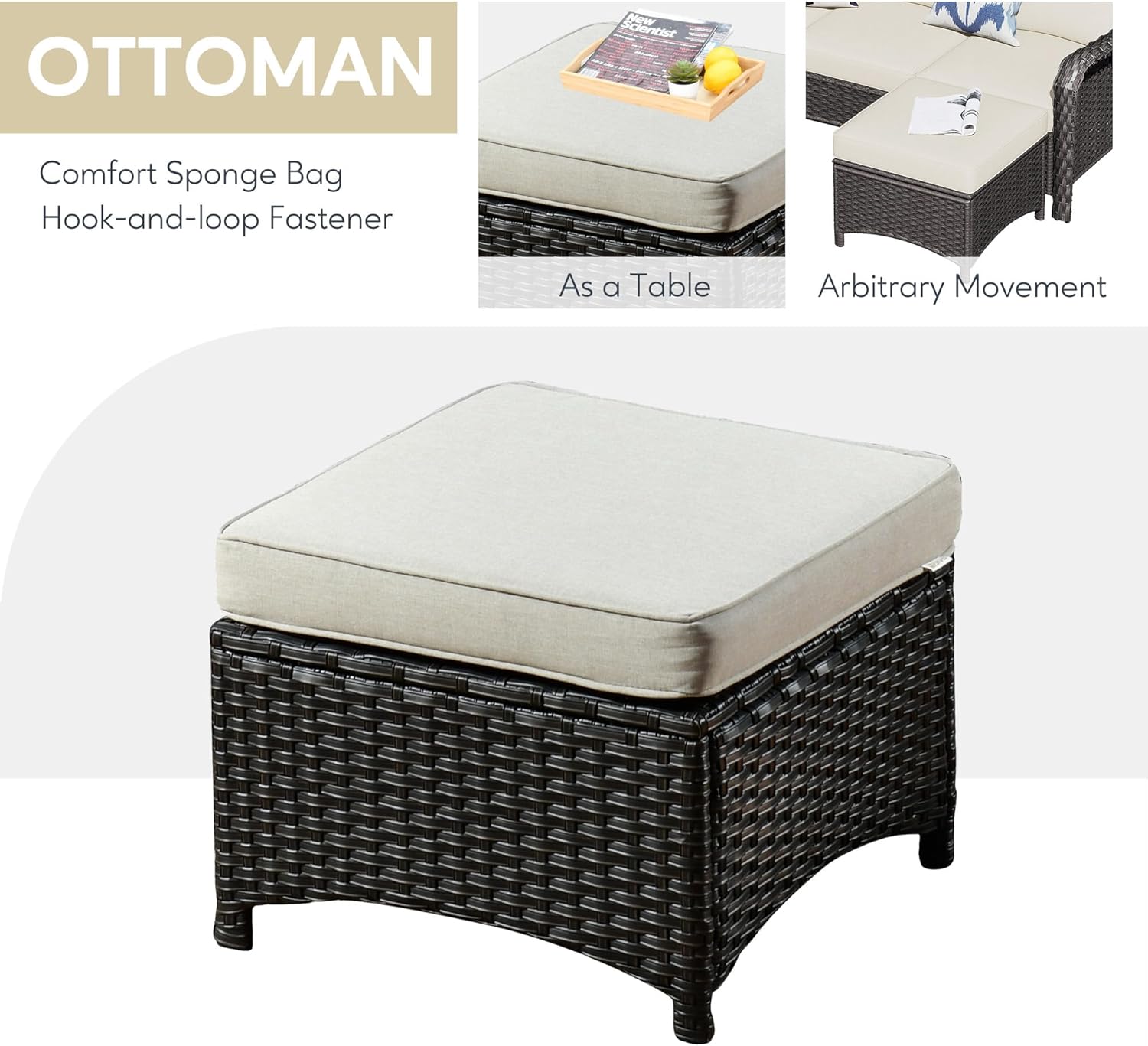 HOOOWOOO Patio Outdoor Furniture Set with Propane Fire Pit Table Swivel Chair,9 Piece Modern Wicker Couch Sofa, Outside Summer Conversation Seating Ottoman Set(Beige Tan)