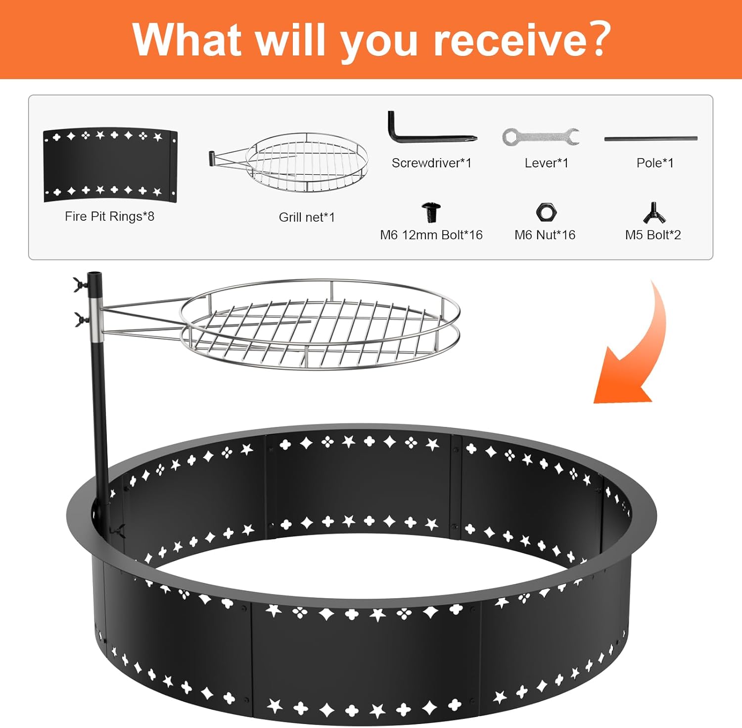 36inch Fire Pit with Grill, DIY Smokeless Firepit Bowl Metal Fire Rings for Outside, Large Round Smokeless Firepit Insert, Heavy Duty Carbon Steel Fire pits for Camping and Patio