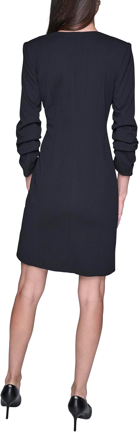 Karl Lagerfeld Women's Scrunched Sleeve Contrast Lapel V-Neck Scuba Crepe Blazer Dress