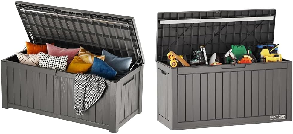 EAST OAK 120 Gallon Deck Box & 60 Gallon Deck Box, Outdoor Storage Box with Padlock for Patio Furniture, Patio Cushions, Gardening Tools, Pool Supplies, Waterproof and UV Resistant Resin, Grey