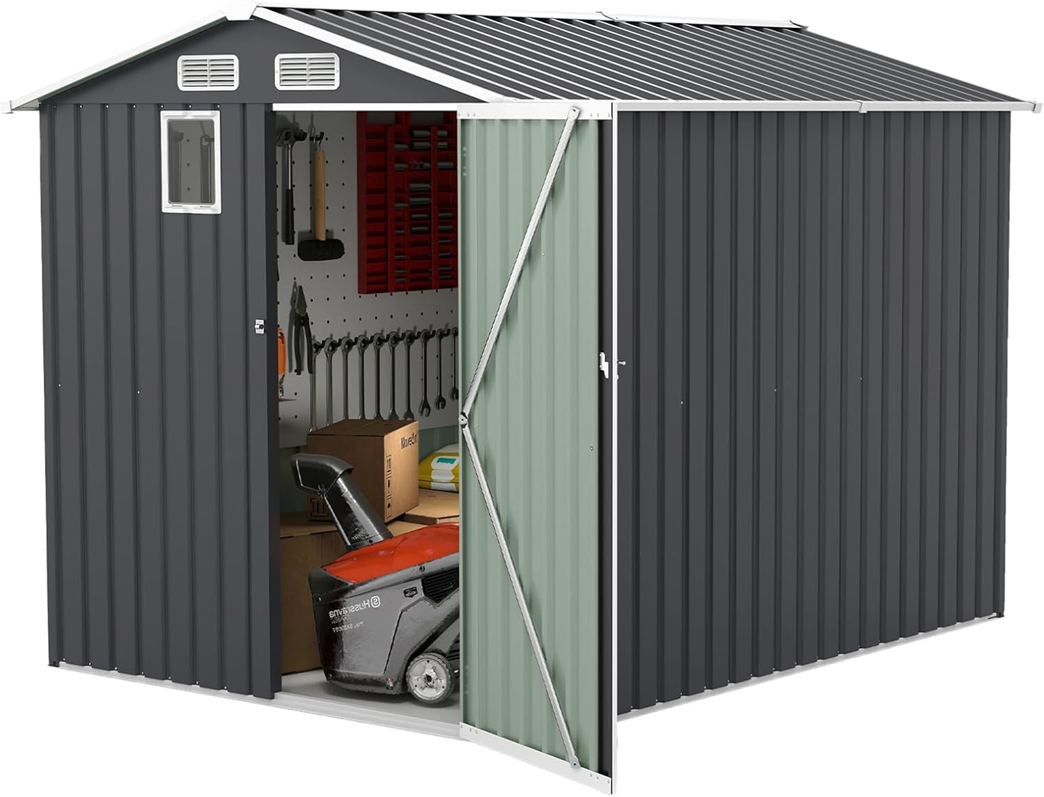 6x8FT Metal Outdoor Storage Shed, Storage Building, Tiny House & Outside Storage, Steel Garden Tool Shed with Lockable Doors for Backyard & Bikes (Dark Gray)