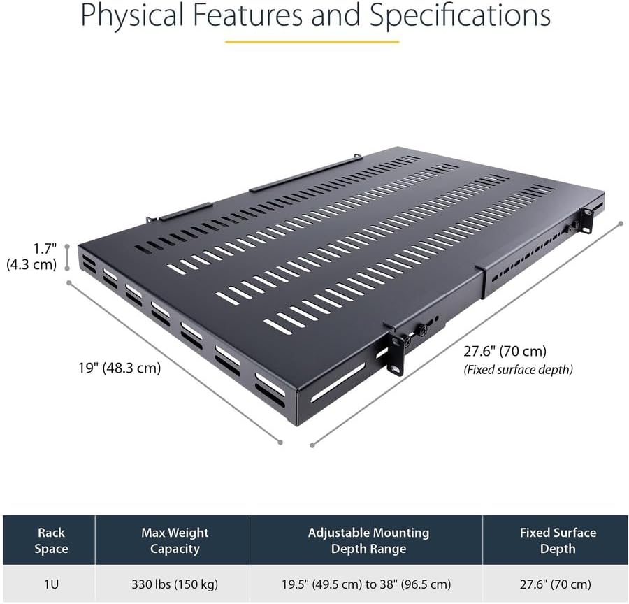 StarTech.com 1U 4-Post Adjustable Vented Server Rack Mount Shelf - 330lbs(150 kg) - 19.5 to 38in Adjustable Mounting Depth Universal Tray 19