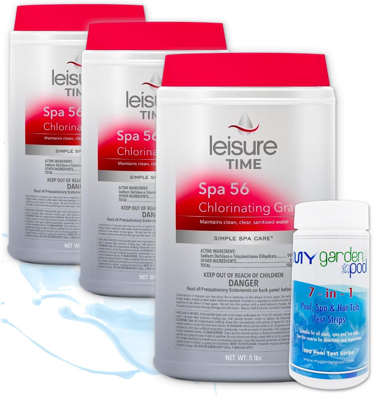 Leisure Time E5 Spa 56 Chlorinating Granules for Spas and Hot Tubs, 5-Pounds (Three Pack, 3 x 5 lbs) with My Garden Pool 20 Ct. Test Strips - Take Care of Your Spa/Pool, Test First Use Later