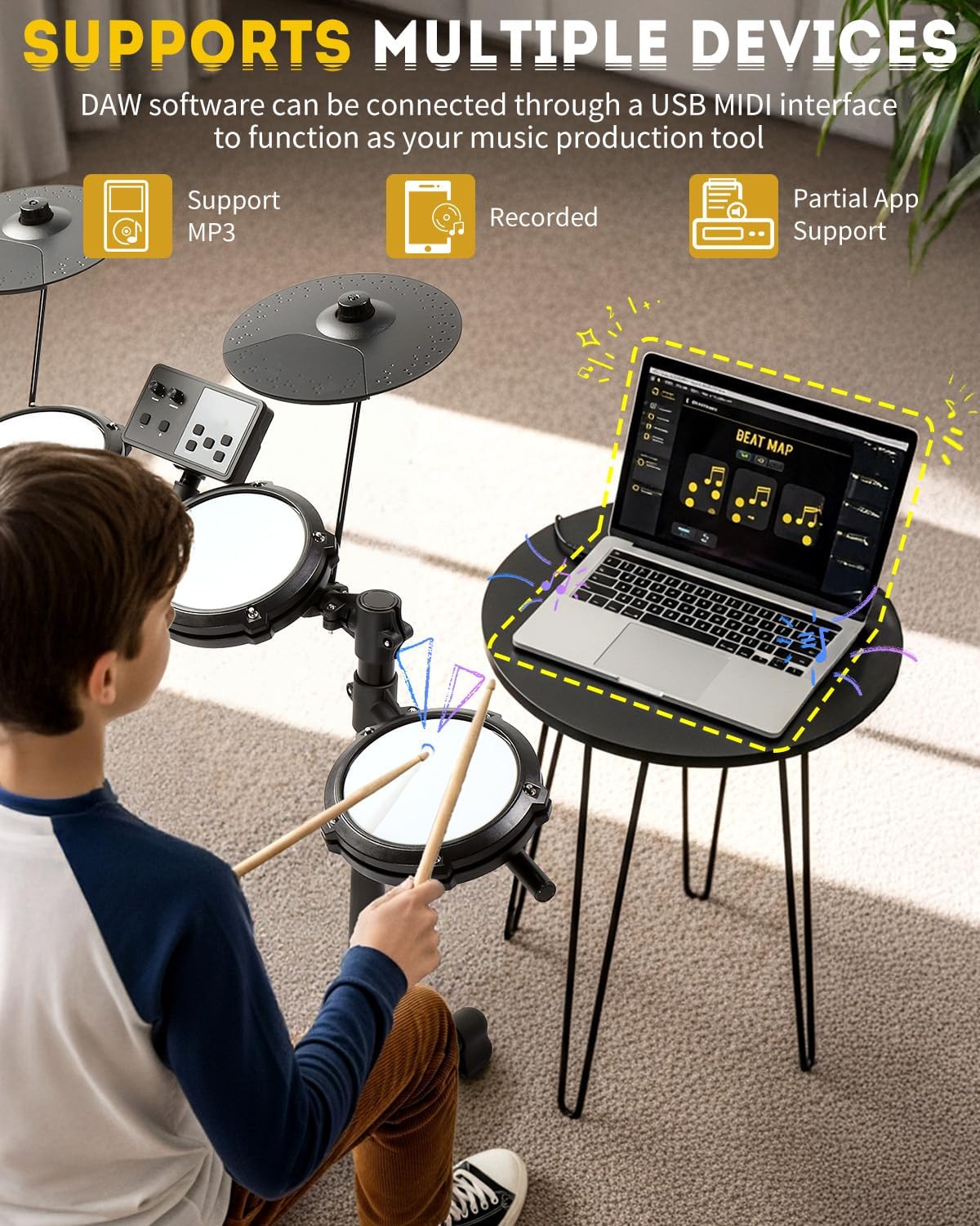 Ktaxon Electric Drum Set, Electronic Drum Set with Type-C Charging, USB MIDI & Quiet Mesh Drums, Premium Cymbals, Low-Noise Kick Pedal, Adjustable Throne, Headphones, Sticks and Velcro(Full)