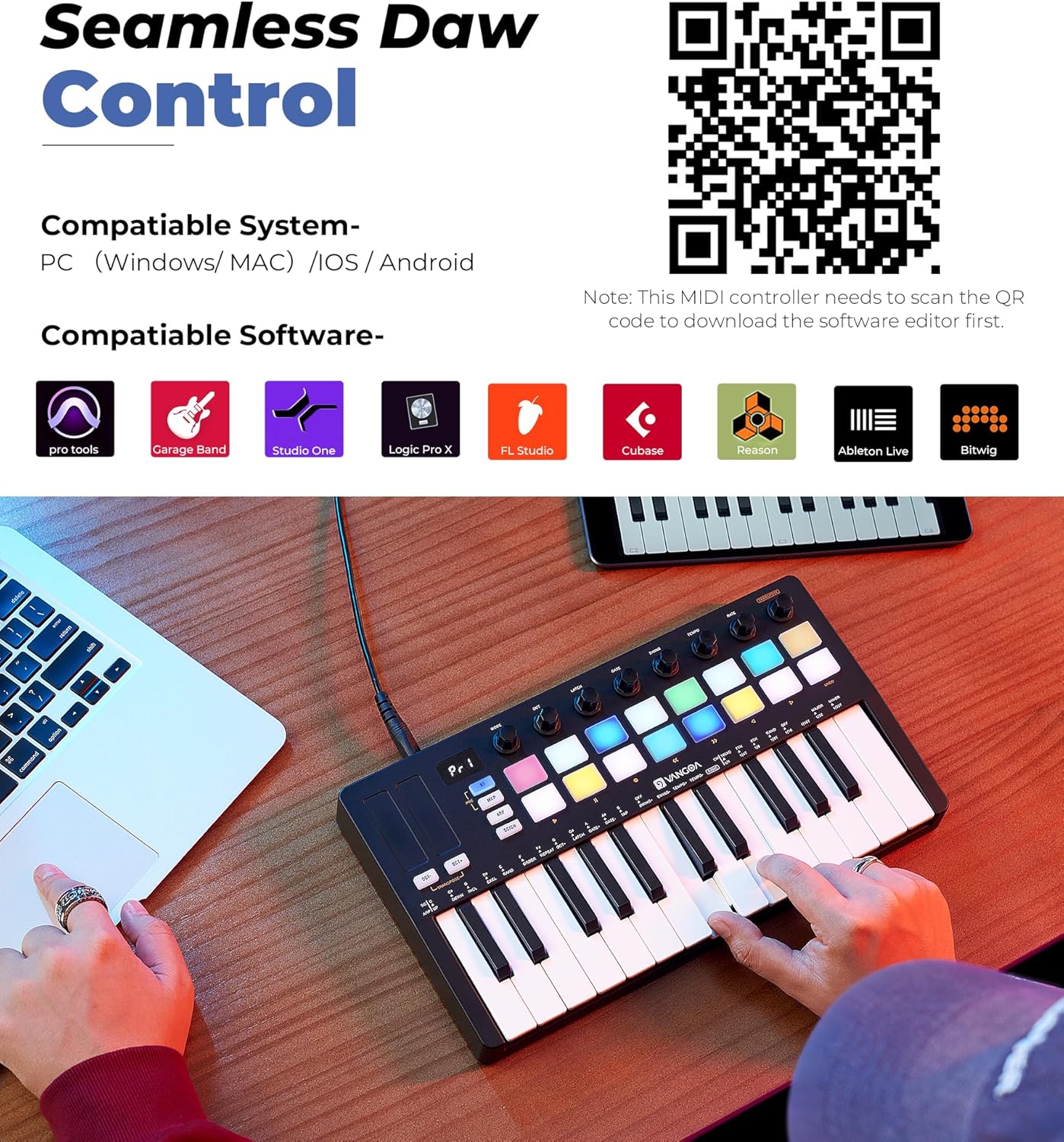 Vangoa Professional Upgraded Beat Maker for Music Production, 25 Keys Midi Keyboard Makers Machine, 8 Knoks, Wireless Mini Controller Keyboard Computer Recording Midi Controllers 16 RGB Drum Pads