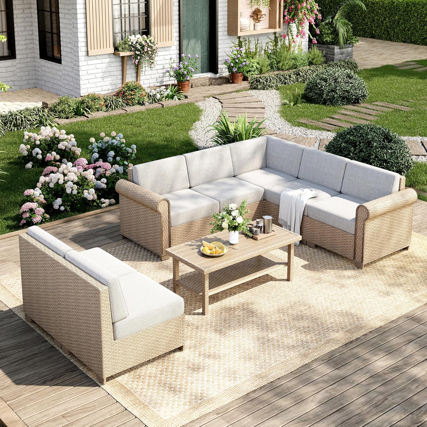 Patio Furniture Set, 8 Piece Outdoor Rattan Wicker Sectional Conversation Set with 5.5